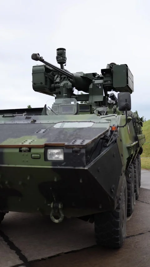 Vertical screen heavily armed wheeled vehicle with radar and autocannon points f Stock Footage 311149751