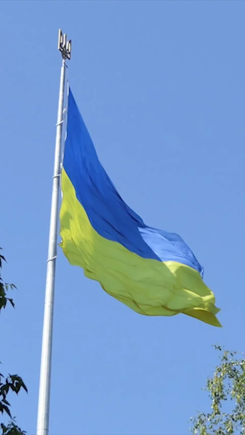 Vertical Screen: Highly detailed fabric texture flag of Ukraine. Slow motion of Stock Footage 230035635