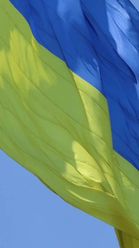 Vertical Screen: Highly detailed fabric texture flag of Ukraine. Slow motion of Stock Footage 231261773