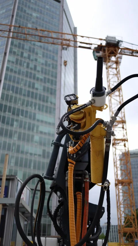 Vertical screen hydraulic drill arm with bright cables rises against glass skysc Stock Footage 309541032