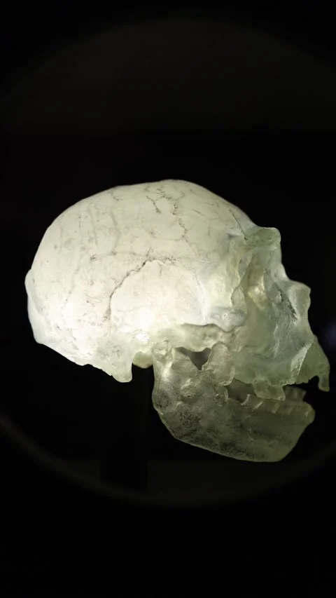 Vertical screen illuminated human skull model glowing in darkness  Stock Footage 320451114