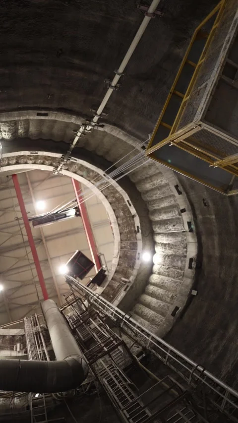 Vertical screen industrial shaft elevator descends through deep cylindrical tunn Video stock 309544856