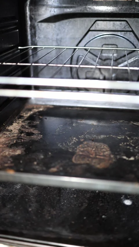 Vertical screen inside dirty oven with burnt grease baked-on stains and grime bu Vidéo 306007805