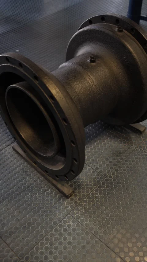Vertical screen: Large industrial cast iron pipe fitting with flange connection, Stock Footage 304883817