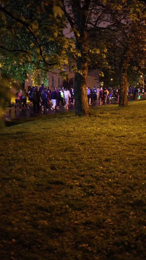 Vertical screen: A lively group of night runners moves along a park path, partly Stock Footage 307623423