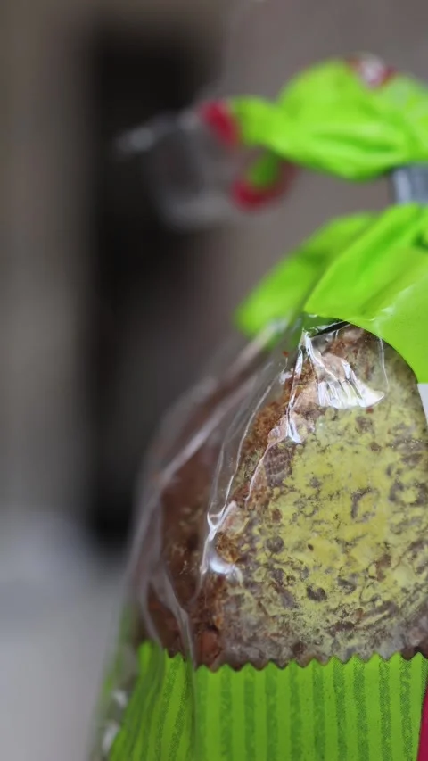 Vertical screen loaf of bread in transparent packaging covered with green mold r Stock Footage 315939970