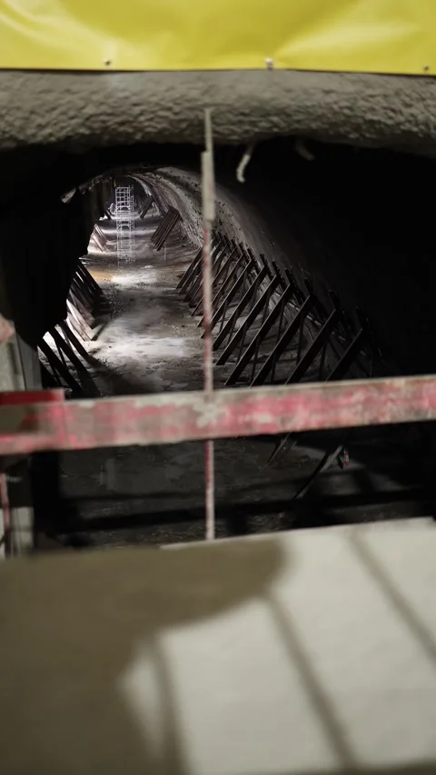 Vertical screen long narrow tunnel lined with angled steel supports and faintly  Stock Footage 309647991