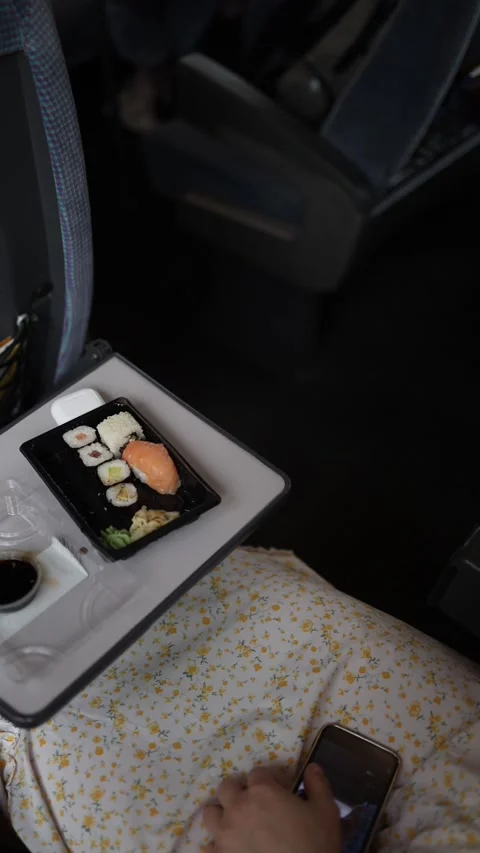 Vertical screen lunch break during a bus journey, passenger eating sushi and wat Stock Footage 307698932
