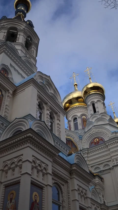 Vertical screen: A majestic view of a Russian Orthodox church with golden domes  Stock Footage 300539862