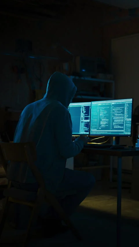 Vertical Screen Male Hacker Coding In Garage At Night Stock Footage 256001441