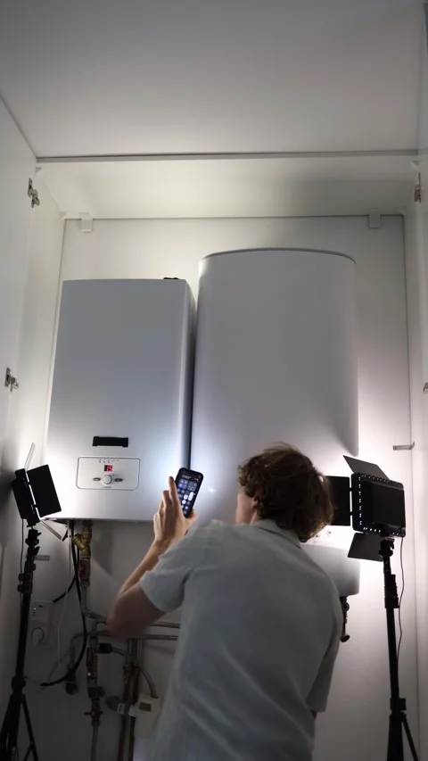 Vertical screen man checks boiler and water heater in utility cabinet illuminate Stock Footage 318867770