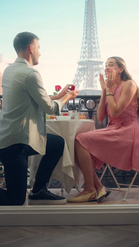Vertical Screen Man Proposing to Female on Paris Balcony Stock Footage 296173430