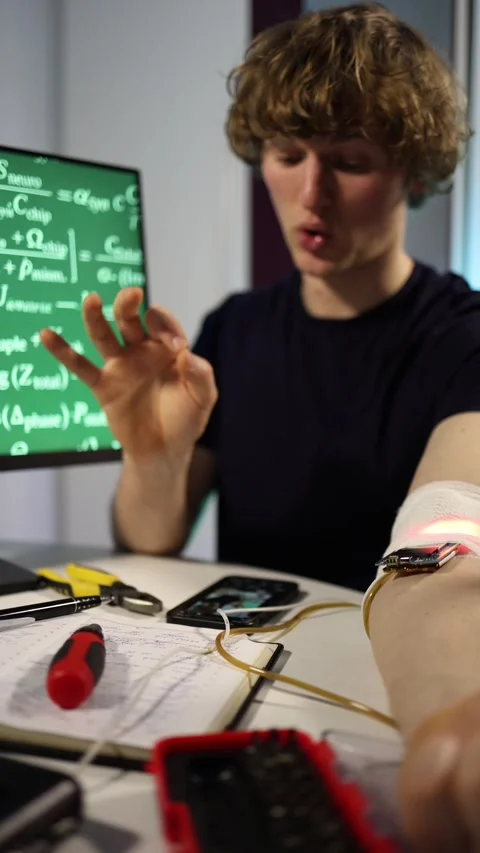 Vertical screen man testing wearable bio chip Stock Footage 323270635