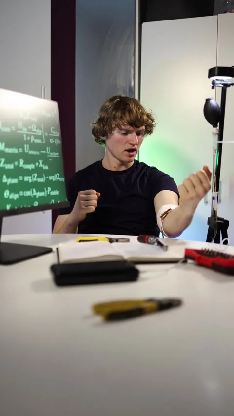 Vertical screen man tests biohacking wearable sensors at home Stock Footage 323270431