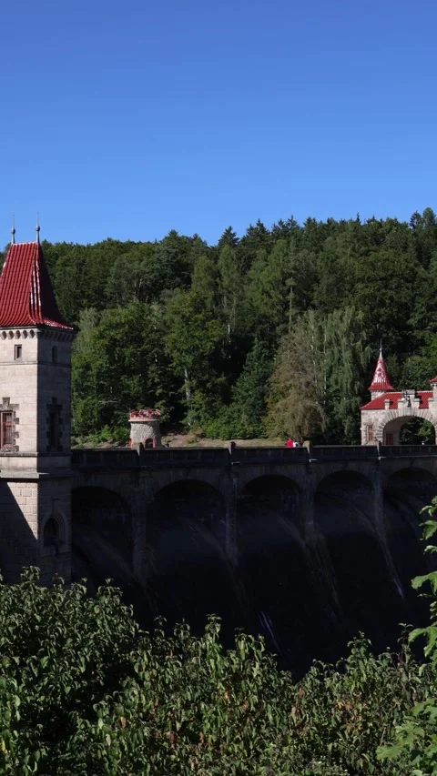 Vertical screen medieval style stone dam with red roof towers surrounded by dens Stock Footage 315940020