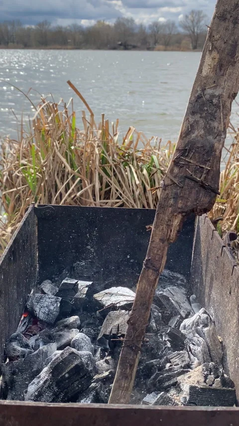 Vertical screen: Metal grill with coals. Grilled meat. The fire is smoldering in Stock Footage 237706403