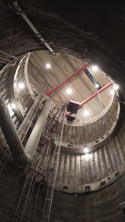 Vertical screen metro construction shaft with suspended elevator steel ladders a Video stock 309544372