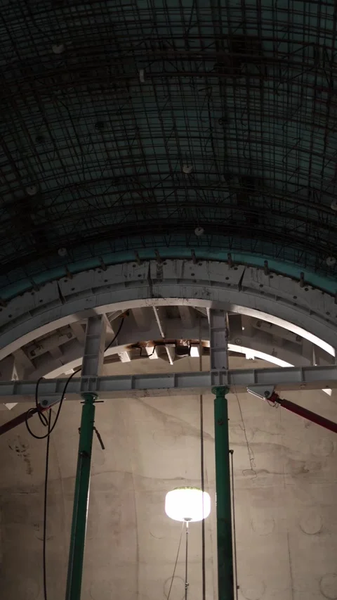 Vertical screen metro tunnel arch under construction with exposed rebar metal fo Stock Footage 309542234