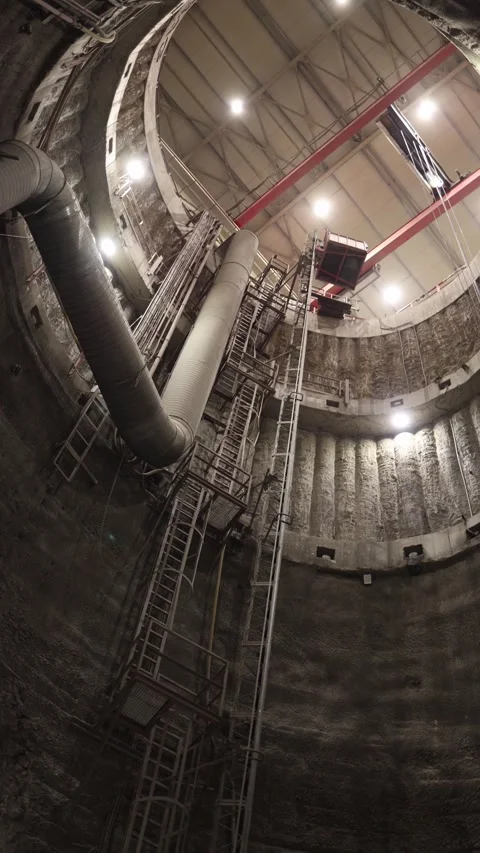 Vertical screen metro tunnel shaft under construction with steel scaffolding ind Stock Footage 309544778