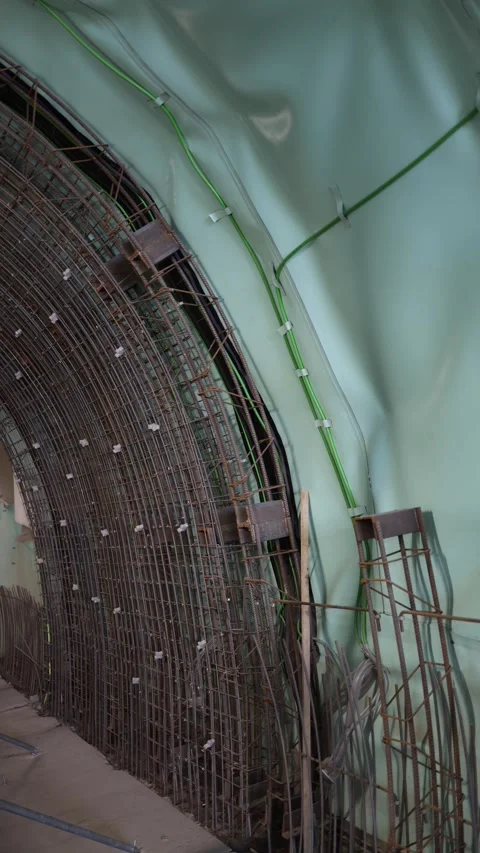 Vertical screen metro tunnel wall lined with dense curved rebar mesh green insul Stock Footage 309542062