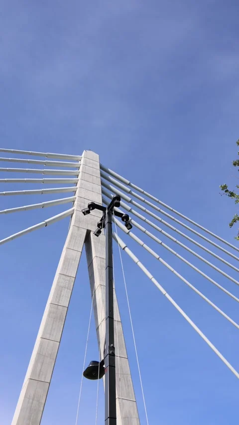 Vertical screen modern cable stayed bridge with steel wires captured from below  Stock Footage 313843543