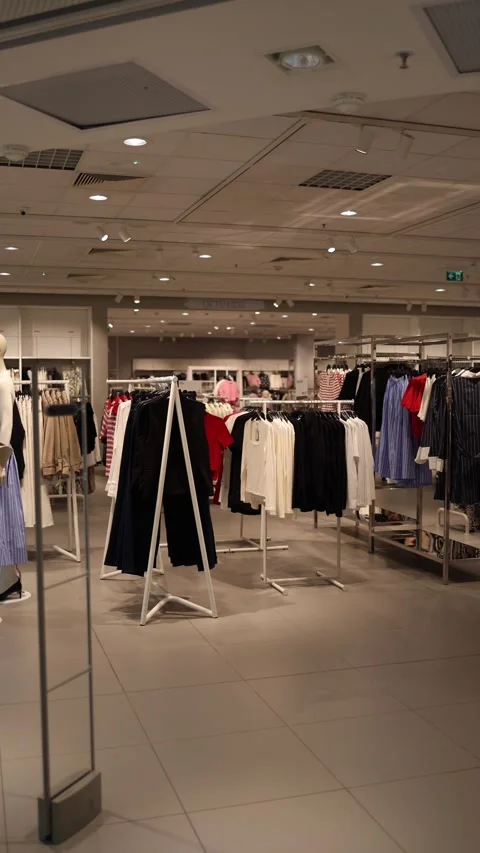 Vertical screen: A modern clothing store with stylish garments displayed on rack Stock Footage 303907802