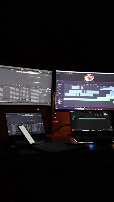 Vertical screen: A modern editing setup featuring three monitors displaying vide Stock Footage 297110270