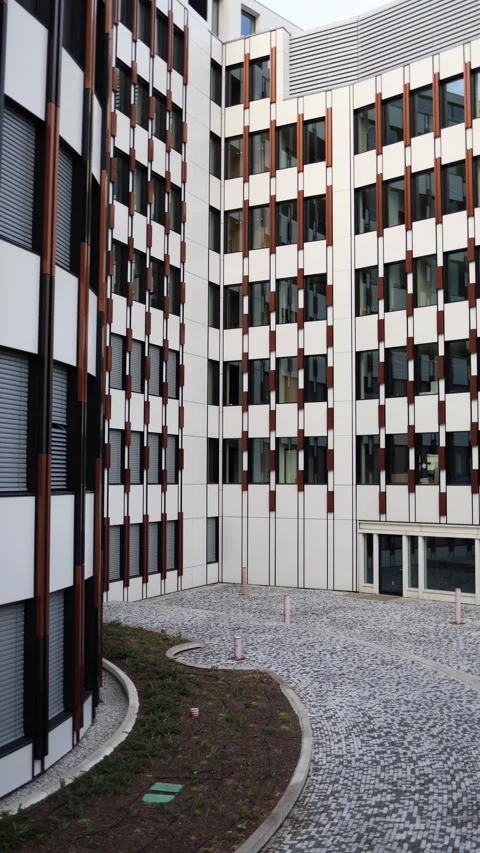 Vertical screen: Modern office courtyard with curved paving path, minimal landsc Stock Footage 304884517