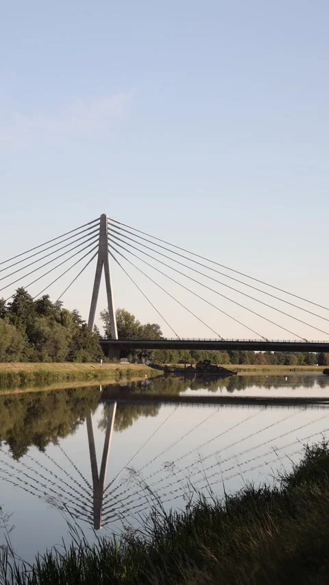 Vertical screen modern suspension bridge with tall concrete pylons and steel cab Stock Footage 315159415