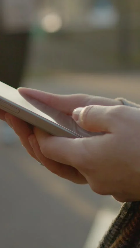 Vertical Screen Mother using smartphone in park during sunset Stock Footage 303564136