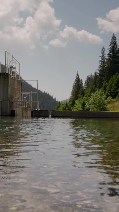 Vertical Screen Mountain river flowing through stone boulders close to doms. Stock Footage 299988862