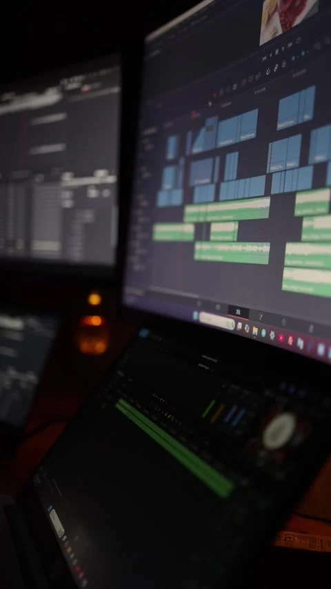 Vertical screen: Multiple monitors displaying video editing software, with timel Stock Footage 297110705