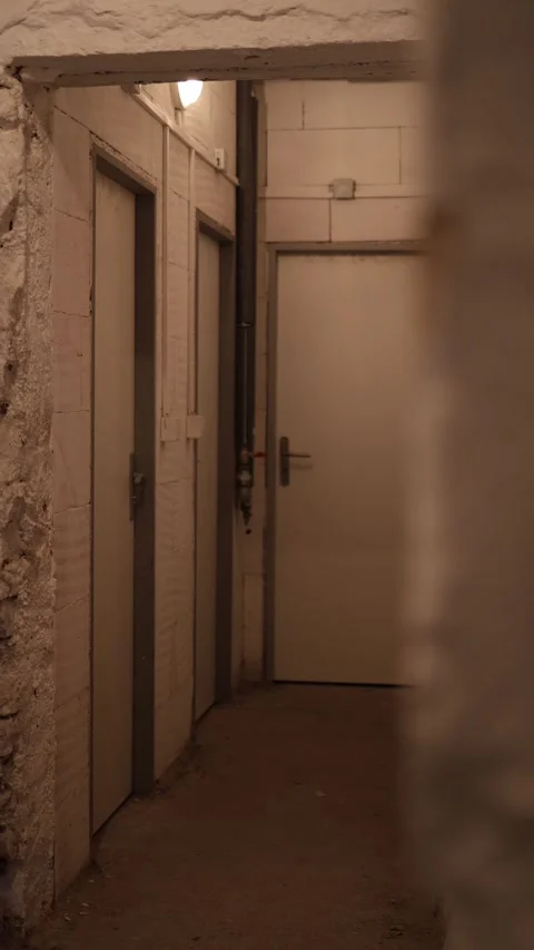 Vertical screen narrow dim hallway in a basement with rough concrete floor white Stock Footage 314518975