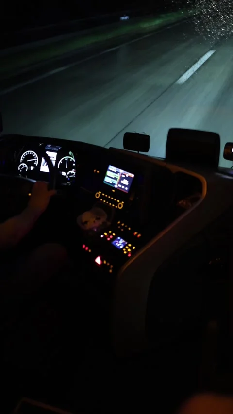 Vertical screen night highway driving with glowing dashboard lights quiet road a Stock Footage 310470994