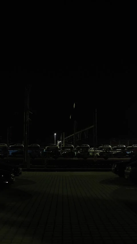 Vertical screen night railway terminal with parked freight wagons carrying cars  Stock Footage 319242139