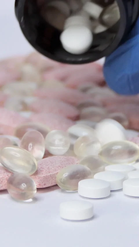 Vertical Screen: Omega-3 yellow tablets with fish oil and other vitamins fall on Stock Footage 232265064