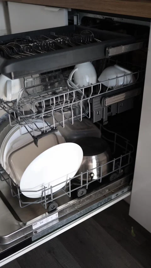 Vertical screen: Open dishwasher with multiple racks filled with plates, glasswa Stock Footage 301240708