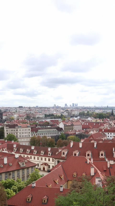 Vertical screen panoramic city view with red tiled roofs historical European arc Stock Footage 318869328