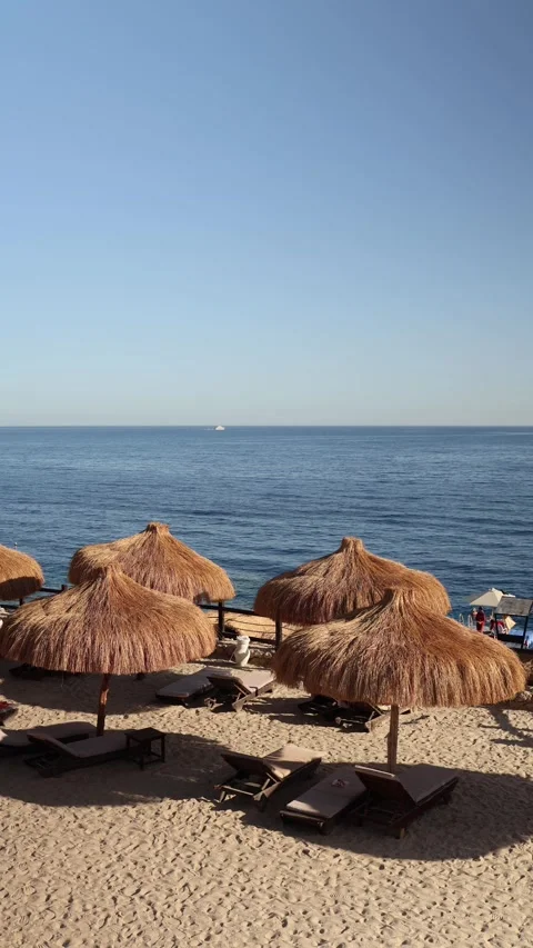 Vertical screen peaceful beach scene with straw umbrellas and empty loungers on  Stock Footage 310020022