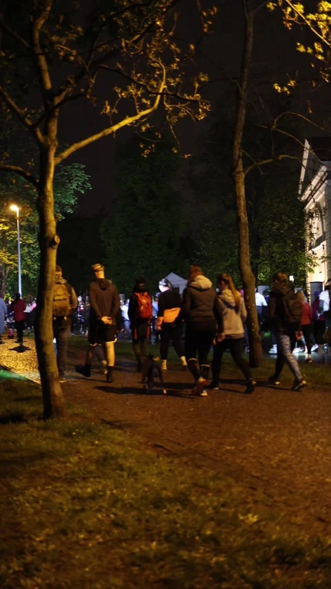 Vertical screen: People stroll through a dimly lit park at night, heading toward Stock Footage 307622790