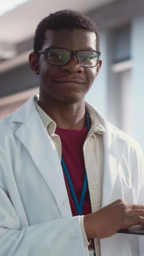 Vertical Screen Portrait of Black Engineer in Lab Looking at Camer Stock Footage 243256701