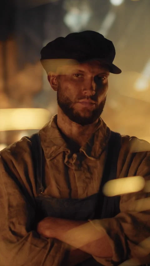 Vertical Screen Portrait Old Classic Vintage Metal Foundry Worker Stock Footage 320870792