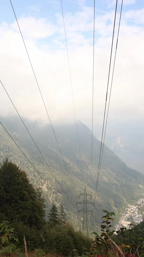 Vertical screen power lines stretch across misty mountain slopes with dense gree Stock Footage 318219985