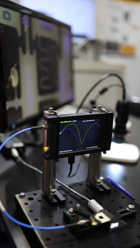 Vertical screen precision optics setup with live waveform display and fiber conn Stock Footage 311130187