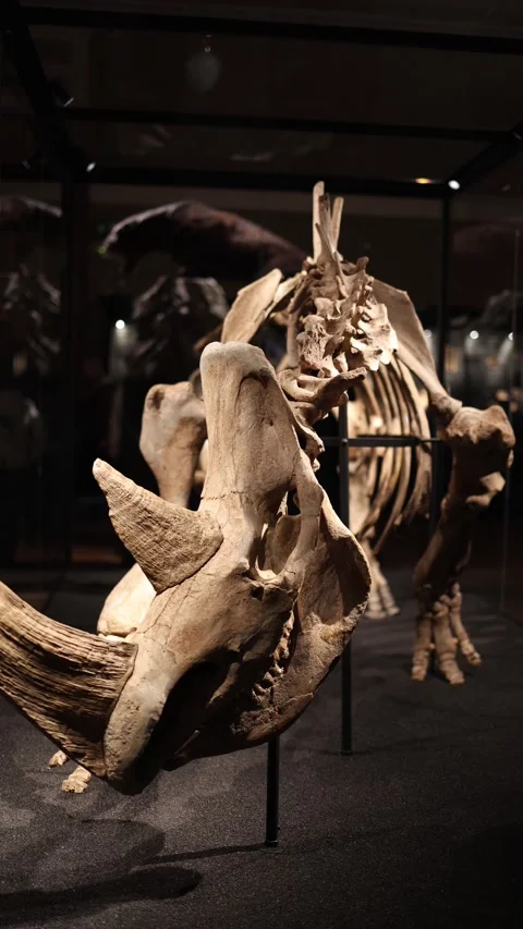 Vertical screen prehistoric skeleton of woolly mammoth displayed in natural hist Stock Footage 320434322