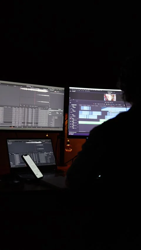Vertical screen: A professional video editor working in a dark room with multipl Video stock 297110269