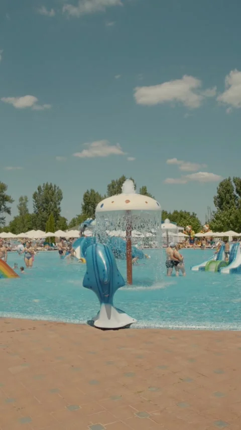 Vertical Screen Public swimming pool with children and entertainment area Stock Footage 300012070