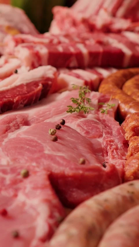 Vertical Screen Raw meat lamb and pork cuts on the table Stock Footage 299954283