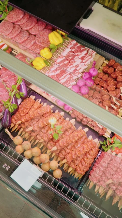 Vertical Screen Raw piece of meat beef steak and turkish kebab Stock Footage 299954643