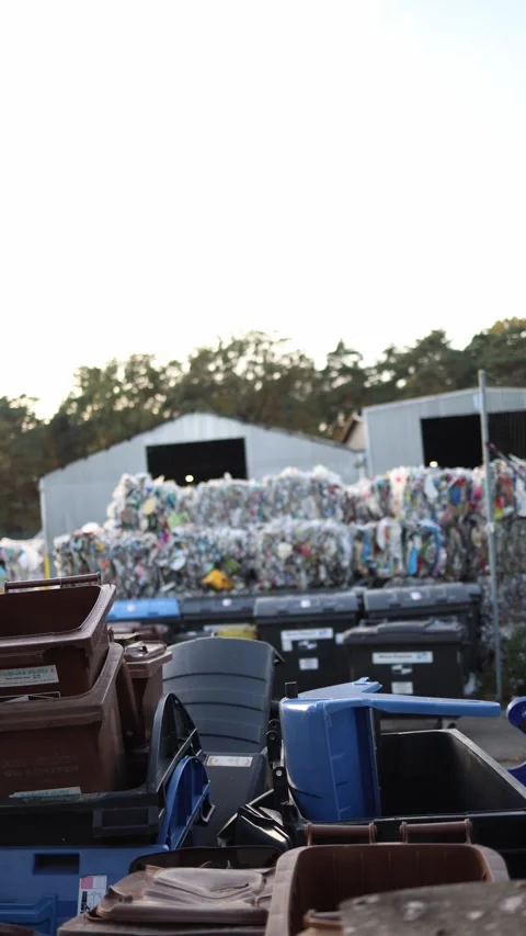 Vertical screen recycling yard filled with plastic waste piles and garbage bins  Stock Footage 319832743